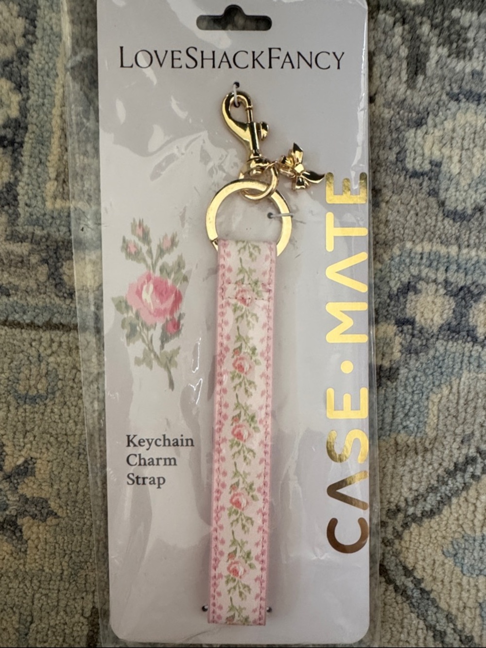 LoveShackFancy Pink Floral Keychain Strap with Gold Hardware